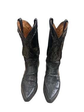 Vintage 1970s 1980s Dan Post Mens Black Leather Western Cowboy Boots 11D Braided